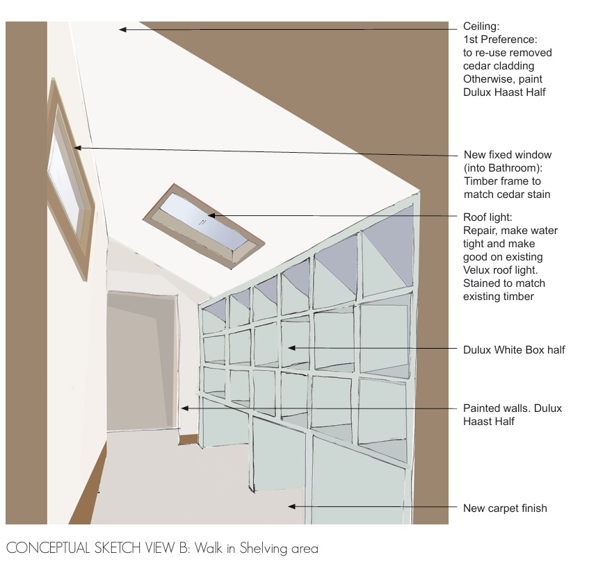 Perspective sketch showing new storage corridor next to bathroom