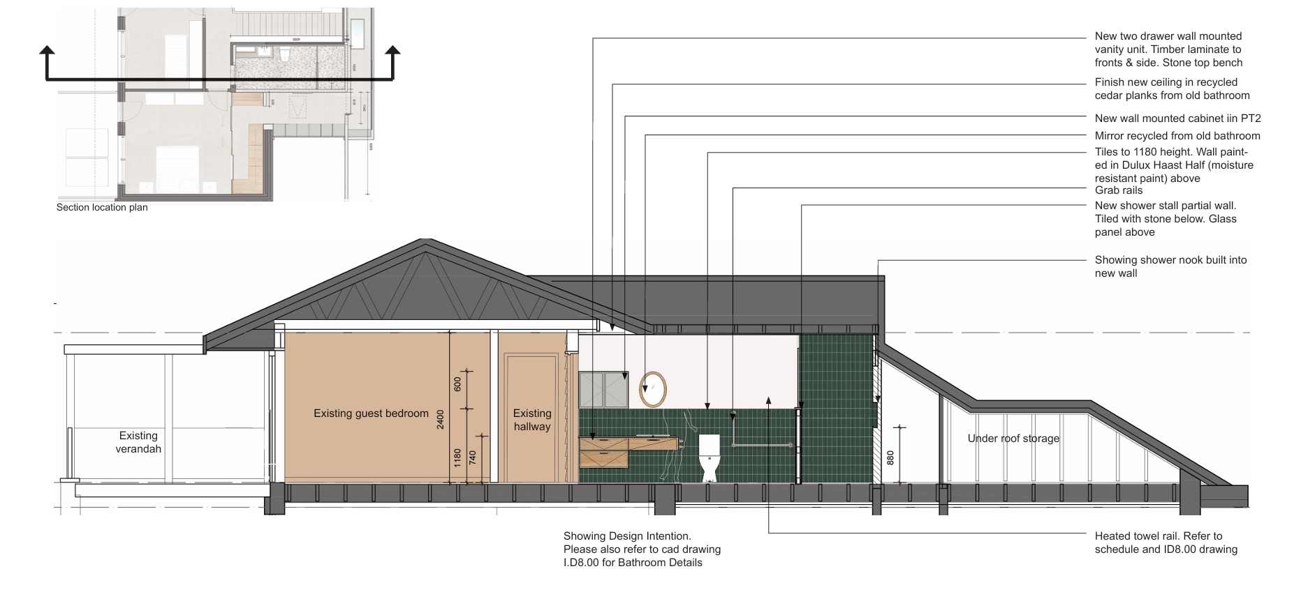 Section through roof area and showing area of bathroom conversion