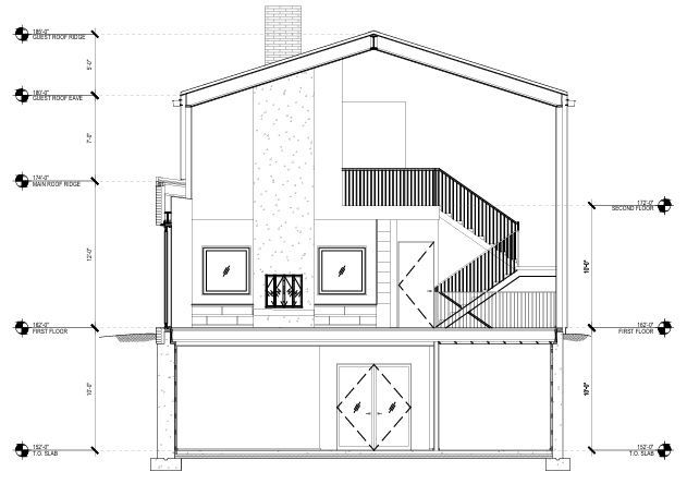Cross section showing full height fireplace and main staircase (courtesy of Studio For, NYC)